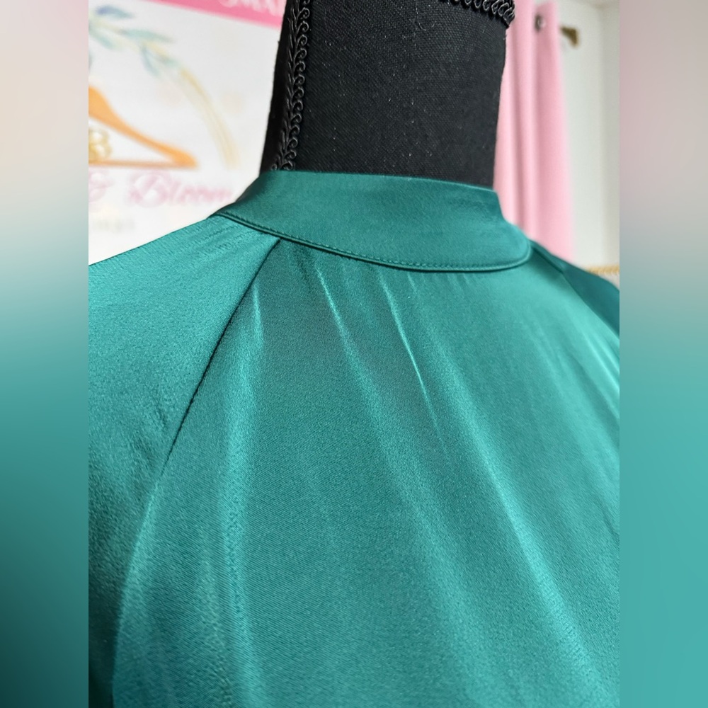 Emerald Green Flowy Swing Dress | Bell Sleeve Mock Neck Holiday Dress | Medium - Picture 7 of 7